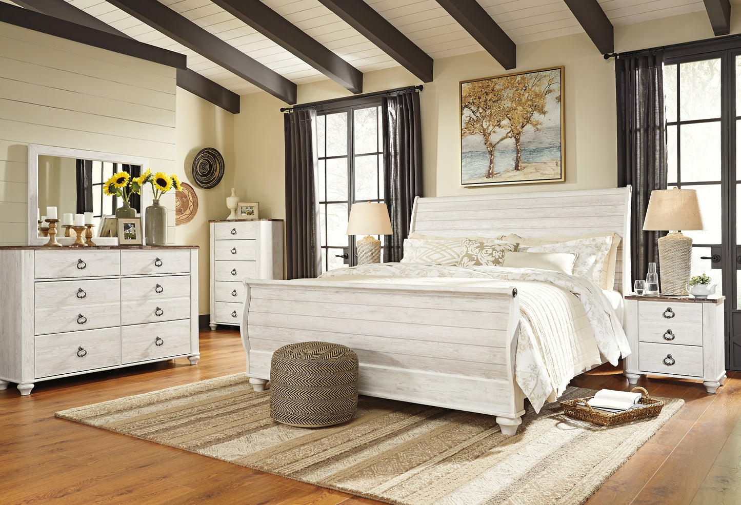 Willowton  Sleigh Bed With Mirrored Dresser, Chest And Nightstand