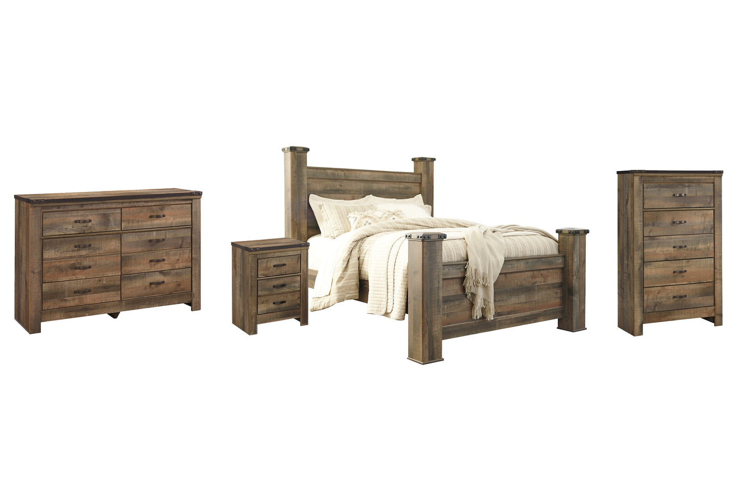 Trinell Queen Poster Bed with Dresser, Chest and Nightstand