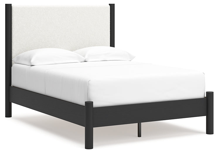 Cadmori Full Upholstered Panel Bed with Mirrored Dresser and Nightstand