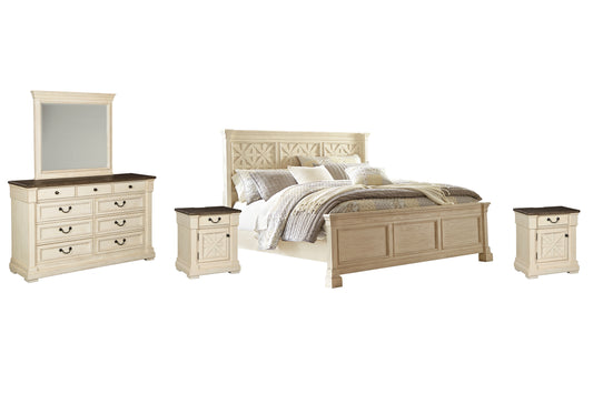 Bolanburg Queen Panel Bed with Mirrored Dresser and 2 Nightstands