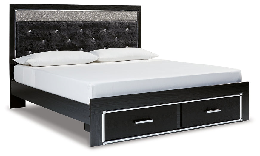 Kaydell King Upholstered Panel Storage Platform Bed with Mirrored Dresser and 2 Nightstands