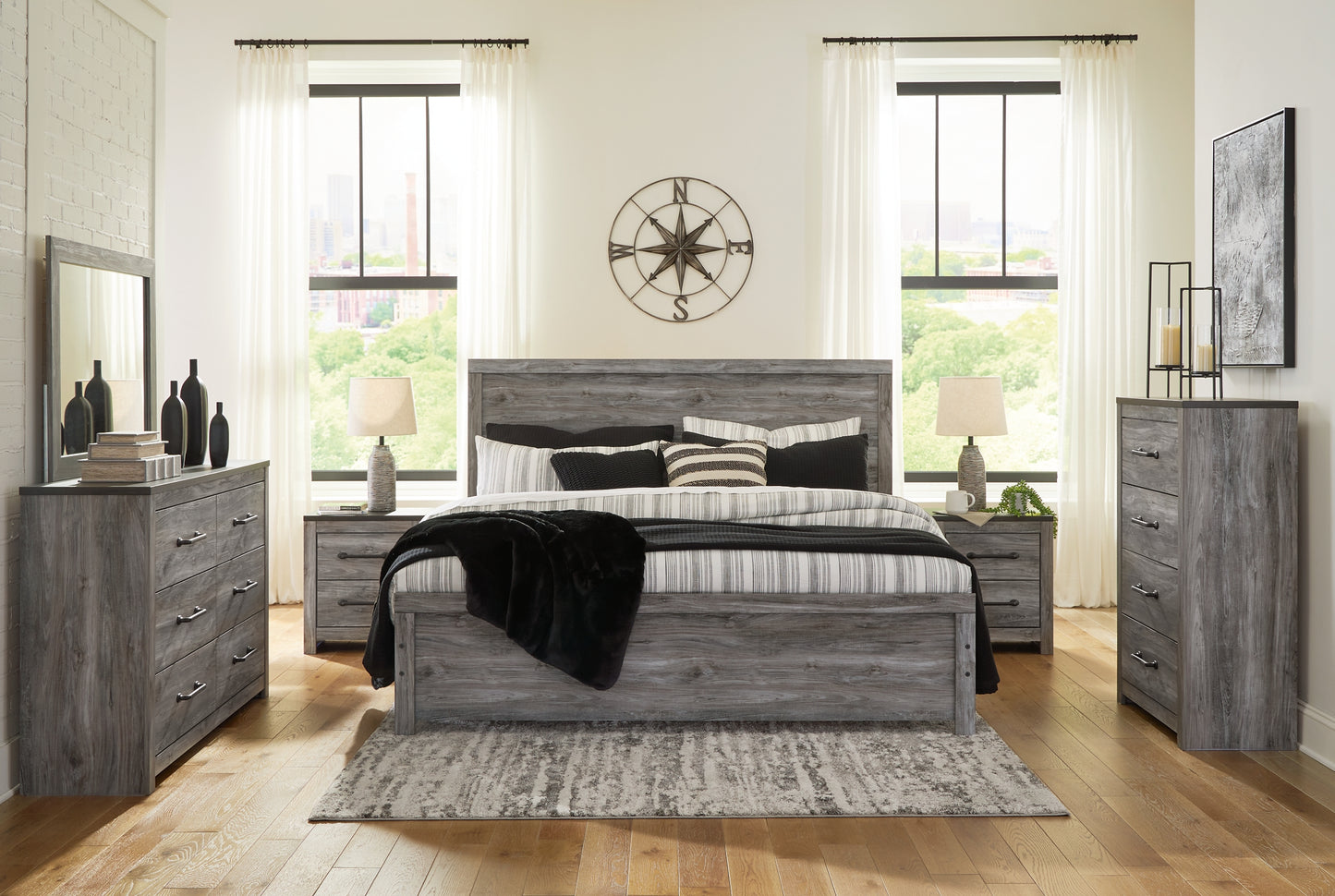 Bronyan Queen Panel Bed with Mirrored Dresser and 2 Nightstands