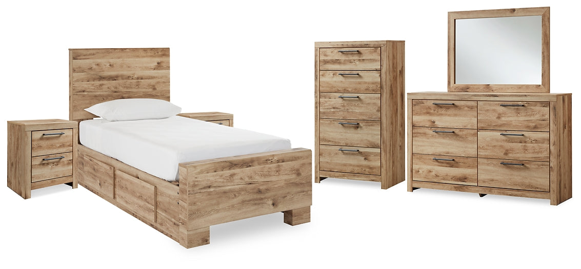 Hyanna Twin Panel Bed with Storage with Mirrored Dresser, Chest and 2 Nightstands