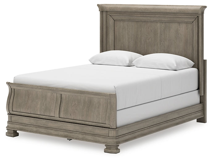 Lexorne Queen Sleigh Bed with Mirrored Dresser and 2 Nightstands